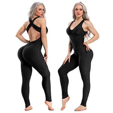 SEASUM Women Yoga Jumpsuit Backless One piece Workout Catsuit Bodysuit Sleeveless Textured Gym Bodyc...