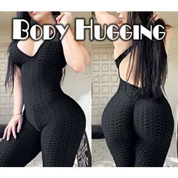 SEASUM Women Yoga Jumpsuit Backless One piece Workout Catsuit Bodysuit Sleeveless Textured Gym Bodycon Romper S