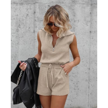 Yousify Women's Summer Casual Sleeveless Rompers One Piece Half Zip Lapel Collar Drawstring Knit Short Jumpsuit with Pockets