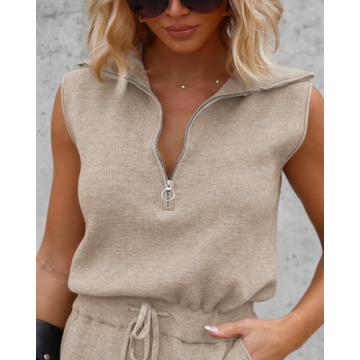 Yousify Women's Summer Casual Sleeveless Rompers One Piece Half Zip Lapel Collar Drawstring Knit Short Jumpsuit with Pockets