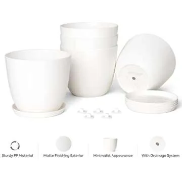 Mkono 5.5" Plastic Plant Pots with Saucers, Indoor Set of 5, Cream White