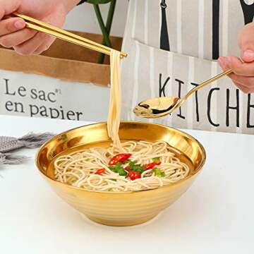 Ramen Noodle Soup Bowl,2 Sets Double Layer 18/8 Stainless Steel Bowl(7.09 inch), with Matching Spoon and Chopsticks by Buy THINGS!（Gold）