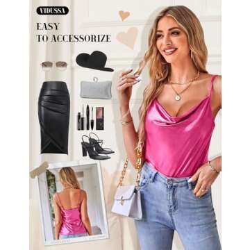 VIDUSSA Women's Shimmer Camisole Tops Cowl Neck Tank Pink