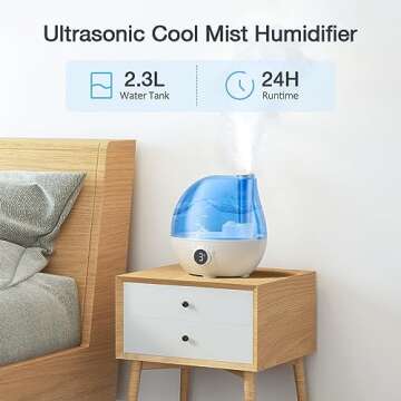 2.3L Ultrasonic Cool Mist Quiet Air Humidifier for Bedroom, 24 Hours Run Time, Auto Shut-Off, 3 Mist...