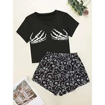 JECEIKA Women's Halloween Pajamas Cute Skeleton Women Pajama Sets Short Sleeve Sleepwear XL