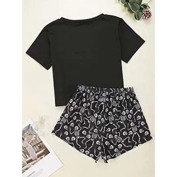 JECEIKA Women's Halloween Pajamas Cute Skeleton Women Pajama Sets Short Sleeve Sleepwear XL