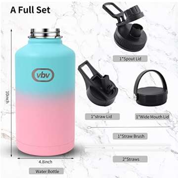 vbv Insulated Water Bottle - 64 Oz, 3 Lids (Straw Lid), Half Gallon Large Metal Stainless Steel Water Jug, Big Double Wall Vacuum Flask, Leakproof Keep Cold & Hot for Sports and Travel