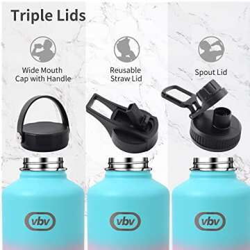 vbv Insulated Water Bottle - 64 Oz, 3 Lids (Straw Lid), Half Gallon Large Metal Stainless Steel Water Jug, Big Double Wall Vacuum Flask, Leakproof Keep Cold & Hot for Sports and Travel