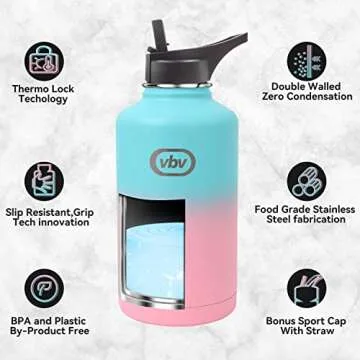 vbv Insulated Water Bottle - 64 Oz, 3 Lids (Straw Lid), Half Gallon Large Metal Stainless Steel Water Jug, Big Double Wall Vacuum Flask, Leakproof Keep Cold & Hot for Sports and Travel