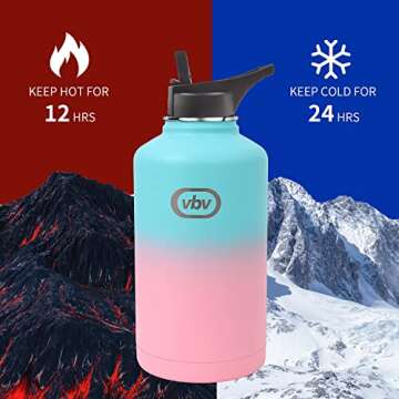 vbv Insulated Water Bottle - 64 Oz, 3 Lids (Straw Lid), Half Gallon Large Metal Stainless Steel Water Jug, Big Double Wall Vacuum Flask, Leakproof Keep Cold & Hot for Sports and Travel