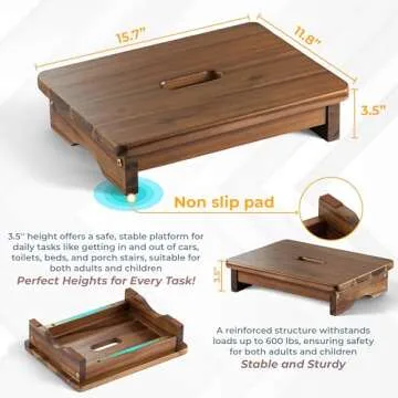 FANATU Wooden Step Stool, One Step Stool for Adults, Wooden Beside Step Stool with 550 Load Capacity, Heavy Duty/Portable/Nonslip/Durable Construction Safe Step Stool