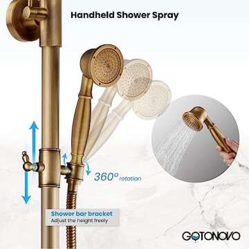 gotonovo Bathroom Shower Faucet Rain Mixer 8 Inch Round Shower Head Double Cross Handle with Tub Spout Wall Mount Bathroom Shower Fixtures 3 Function Metal Handheld Sprayer Antique Brass