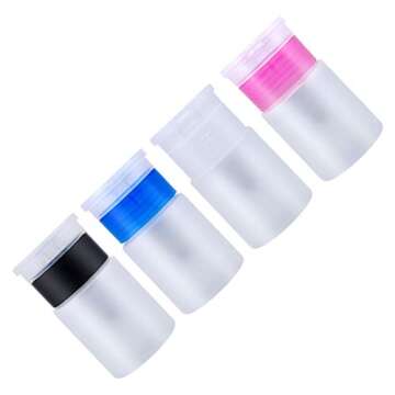 Exceart 4pcs Push Down Bottle Pumping Dispenser Travel Liquid Containers for Home Bathroom Nail Polish Makeup Remover6 0ML (Transparent Pink Blue and Black)