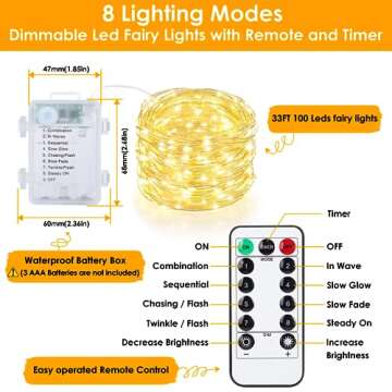 Mlambert 3 Pack 33FT Fairy Lights Battery Operated with Remote and Timer, Waterproof Dimmable 8 Modes 100 LEDs Twinkle Lights for Indoor Outdoor Decor