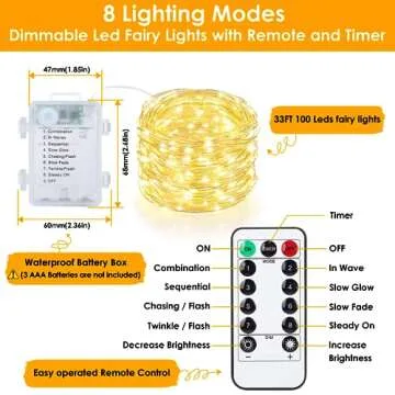 Mlambert 3 Pack 33FT Fairy Lights Battery Operated with Remote and Timer, Waterproof Dimmable 8 Modes 100 LEDs Twinkle Lights for Indoor Outdoor Decor