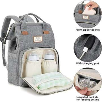FANCYOUT Diaper Bag Backpack with USB Charging Port and Stroller Straps, Maternity Nappy Bag with Insulated Feeding Bottle Pocket (Grey)