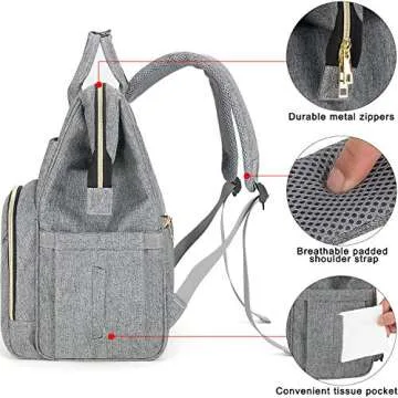 FANCYOUT Diaper Bag Backpack with USB Charging Port and Stroller Straps, Maternity Nappy Bag with Insulated Feeding Bottle Pocket (Grey)