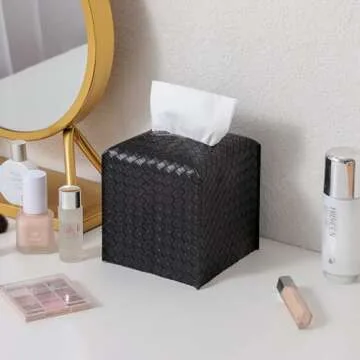 Tissue Box Cover PU Leather Tissue Holder Square Facial Tissue Case Facial Paper Organizer Dispenser for Bathroom, Vanity Countertop, Tabletop, Car, Black