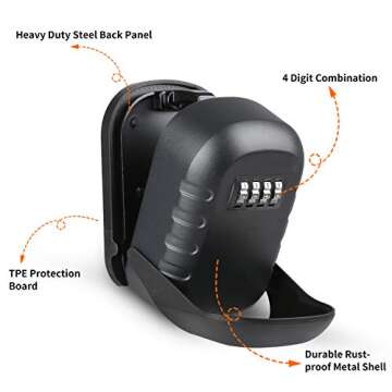 Key Lock Box Wall Mount - 4-Digit Combination Weatherproof Key Storage Lock Box, Large Capacity Security Combo Lockbox for House Key, Realtor, Outside (Black)