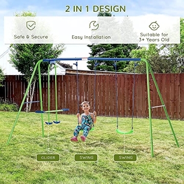 Outsunny Metal Swing Set with Adjustable Glider for Kids