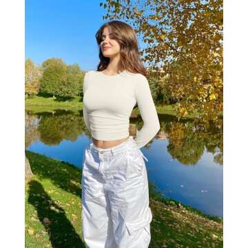 OQQ Womens 2 Piece Shirts Long Sleeve Crew Neck Ruched Stretch Basic Fitted Tee Shirts Tops Pea Green Beige