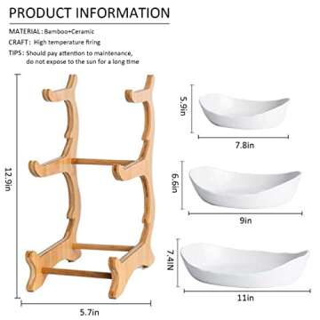 Liywall - 3 Tier Ceramic Fruit Bowl With Bamboo Wood Stand for Kitchen Counter,Porcelain Fruit Basket for Vegetable Storage,Snack Dessert Cake Tray Plate Rack for Party Wedding - White