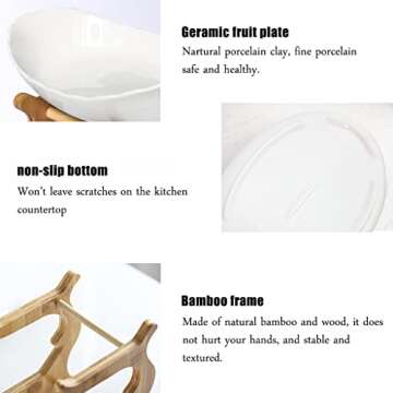 Liywall - 3 Tier Ceramic Fruit Bowl With Bamboo Wood Stand for Kitchen Counter,Porcelain Fruit Basket for Vegetable Storage,Snack Dessert Cake Tray Plate Rack for Party Wedding - White