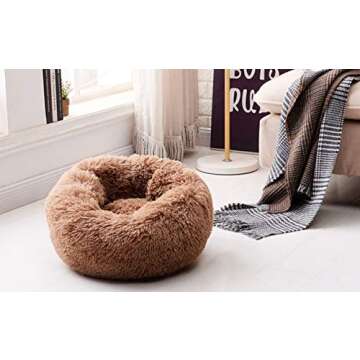 BODISEINT Modern Soft Plush Round Pet Bed for Cats or Small Dogs, Mini Medium Sized Dog Cat Bed Self Warming Autumn Winter Indoor Snooze Sleeping Cozy Kitty Teddy Kennel (20'' D x 8'' H, Coffee)