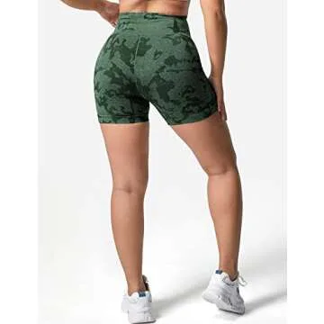 YEOREO Women Seamless Camo Shorts High Waisted Gym Yoga Workout Dark Green S