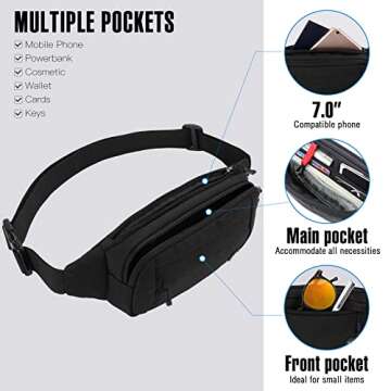 WATERFLY Fanny Pack Waist Bag: Small Hip Pouch Bum Bag Fannie Pack Phanny Fannypack Waistpack Bumbag Beltbag Sport Slim Fashionable for Jogging Hiking Hiker Woman Man Pure black