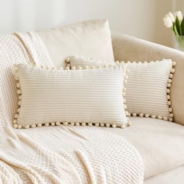 MIULEE Christmas Boho Decorative Spring Throw Pillow Covers with Pom-poms, Soft Corduroy Square Soli...