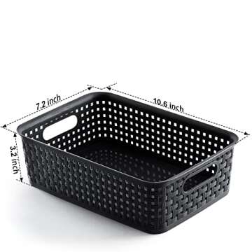 [ 8 Pack ] Plastic Storage Baskets - Small Pantry Organization and Storage Bins - Household Organizers for Laundry Room, Bathrooms, Kitchens, Cabinets, Countertops, Under Sink or On Shelves - Black