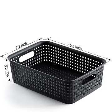 [ 8 Pack ] Plastic Storage Baskets - Small Pantry Organization and Storage Bins - Household Organizers for Laundry Room, Bathrooms, Kitchens, Cabinets, Countertops, Under Sink or On Shelves - Black