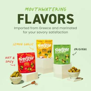 Freestyle Snacks Olive Snack Packs - Fresh Pitted Green Olives, 3 Flavors, Jumbo-Sized, Grown in Gre...