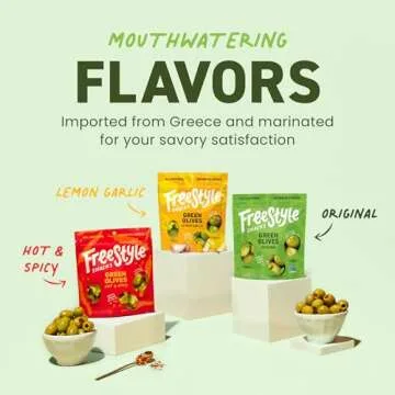 Freestyle Snacks Olive Snack Packs - Fresh Pitted Green Olives, 3 Flavors, Jumbo-Sized, Grown in Gre...