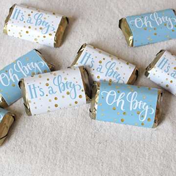 Blue and Gold It's a Boy Baby Shower Wrappers for Mini Chocolate Bars, Baby Shower Party Favor Candy...