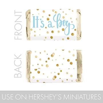 Blue and Gold It's a Boy Baby Shower Wrappers for Mini Chocolate Bars, Baby Shower Party Favor Candy Stickers - 45 Count