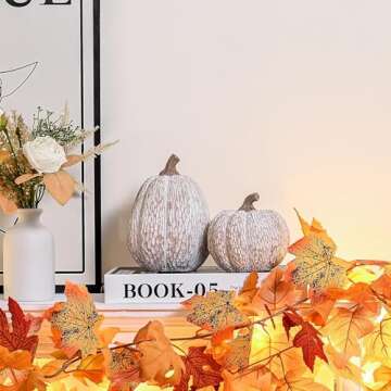 AOMOONOA Artificial Pumpkin Decor, Brown and White Decorative Pumpkins, Thanksgiving Resin Pumpkin Figurine Set of 2, Carved Pumpkin Statues for Rustic Fall Tabletop Home Decor, Harvest, Wedding