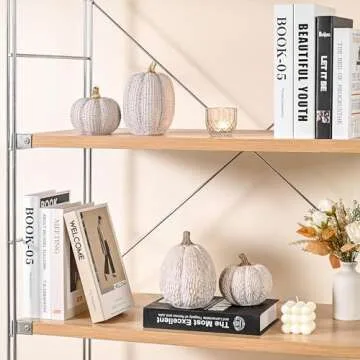 AOMOONOA Artificial Pumpkin Decor, Brown and White Decorative Pumpkins, Thanksgiving Resin Pumpkin Figurine Set of 2, Carved Pumpkin Statues for Rustic Fall Tabletop Home Decor, Harvest, Wedding