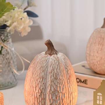 AOMOONOA Artificial Pumpkin Decor, Brown and White Decorative Pumpkins, Thanksgiving Resin Pumpkin Figurine Set of 2, Carved Pumpkin Statues for Rustic Fall Tabletop Home Decor, Harvest, Wedding