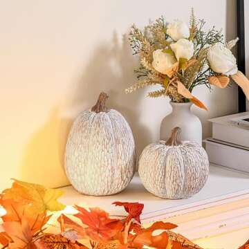 AOMOONOA Artificial Pumpkin Decor, Brown and White Decorative Pumpkins, Thanksgiving Resin Pumpkin Figurine Set of 2, Carved Pumpkin Statues for Rustic Fall Tabletop Home Decor, Harvest, Wedding