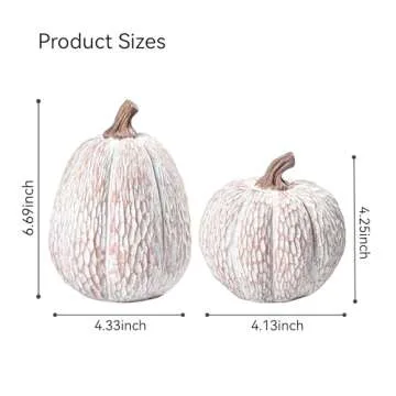 AOMOONOA Artificial Pumpkin Decor, Brown and White Decorative Pumpkins, Thanksgiving Resin Pumpkin Figurine Set of 2, Carved Pumpkin Statues for Rustic Fall Tabletop Home Decor, Harvest, Wedding