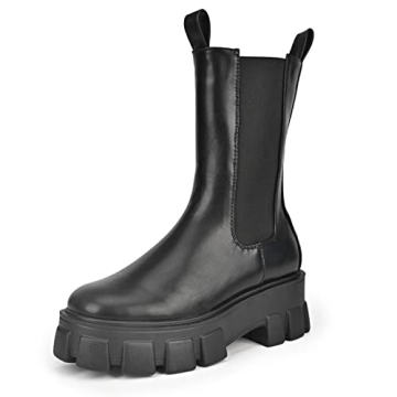 READYSALTED Women's Mid Calf Chunky Sole Platform Chelsea Slip On Fashion Cleated High Ankle Boots(ROTA18-BK,US8)