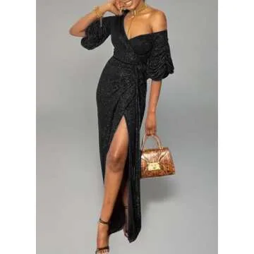 Remelon Women Deep V Neck Shiny Glitter Ruffle 3 4 Sleeve Bodycon Belt Slit Flowy Mermaid Party Maxi Long Dresses Black XL