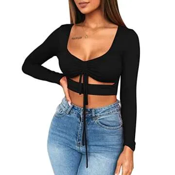 Mizoci Women's Sexy Ruched Tie Up Crop Top Basic Long Sleeve Cut Out T Shirt,Small,Black
