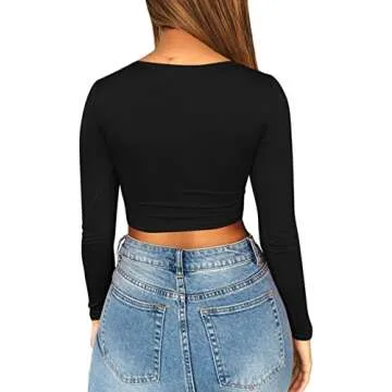 Mizoci Women's Sexy Ruched Tie Up Crop Top Basic Long Sleeve Cut Out T Shirt,Small,Black
