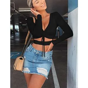 Mizoci Women's Sexy Ruched Tie Up Crop Top Basic Long Sleeve Cut Out T Shirt,Small,Black