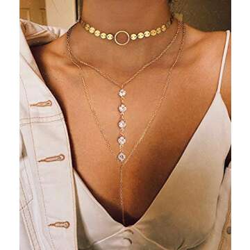Suyi Stylish Layered Sequins Choker Necklace with Thin Long Chain Pendant for Women Lady (Crystal Gold)