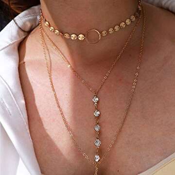 Suyi Stylish Layered Sequins Choker Necklace with Thin Long Chain Pendant for Women Lady (Crystal Gold)
