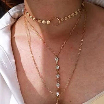 Suyi Stylish Layered Sequins Choker Necklace with Thin Long Chain Pendant for Women Lady (Crystal Gold)